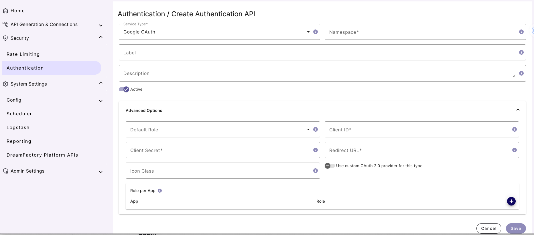 Oauth setup screen